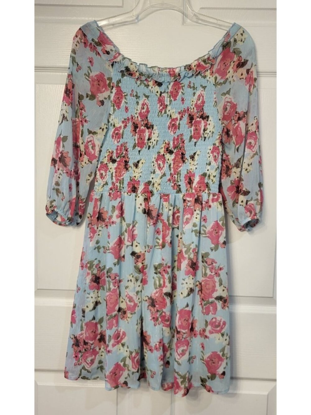Lilt Off Shoulder Blue Floral Smocked Ruffled Mini Dress Size 16